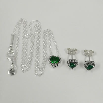 Pandora Green Sparkling Heart Halo Stud Earrings & Pendant Necklace Set – 45cm