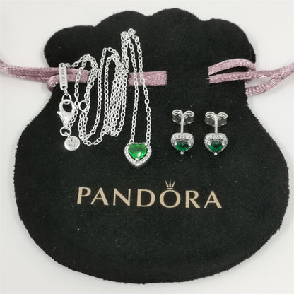 Pandora Green Sparkling Heart Halo Stud Earrings & Pendant Necklace Set – 45cm