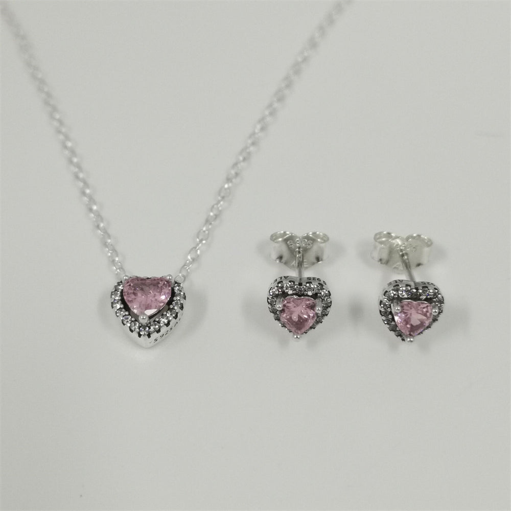 Pandora Pink Sparkling Heart Halo Stud Earrings & Pendant Necklace Set - 45cm
