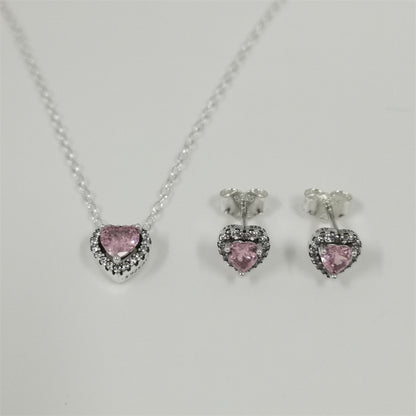 Pandora Pink Sparkling Heart Halo Stud Earrings & Pendant Necklace Set - 45cm