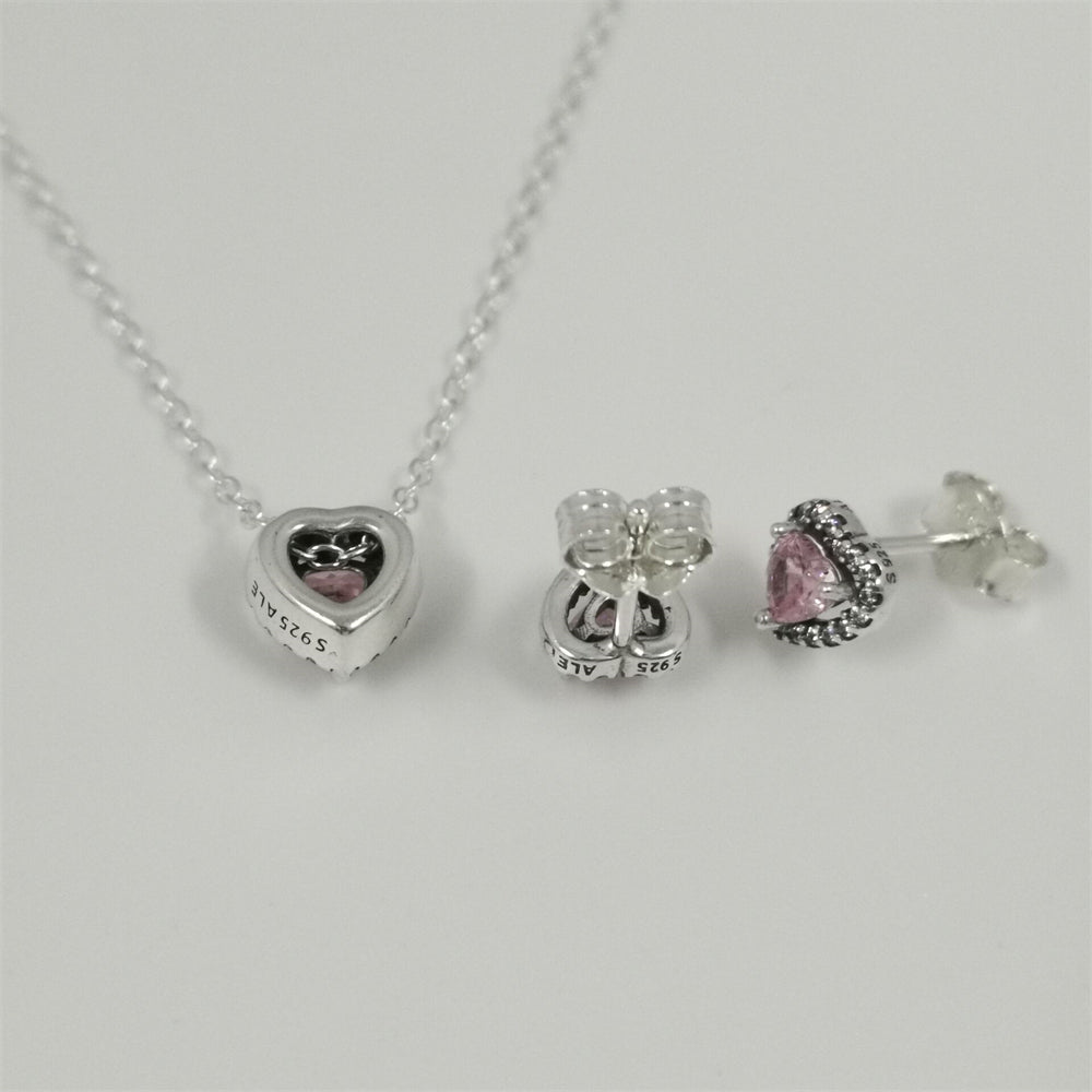 Pandora Pink Sparkling Heart Halo Stud Earrings & Pendant Necklace Set - 45cm