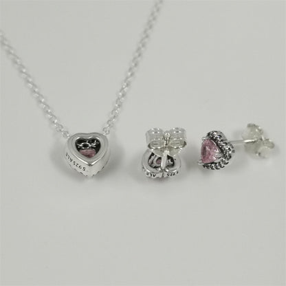 Pandora Pink Sparkling Heart Halo Stud Earrings & Pendant Necklace Set - 45cm