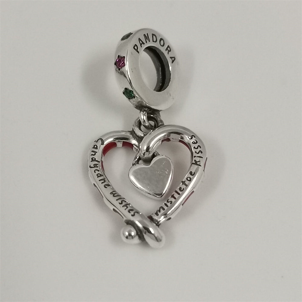 Pandora Double Candy Cane Heart Christmas Dangle Charm