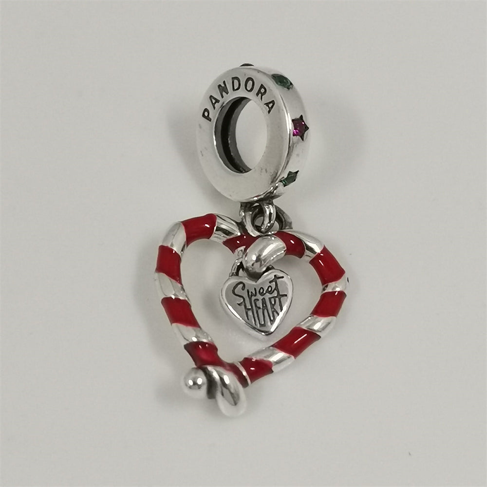 Pandora Double Candy Cane Heart Christmas Dangle Charm