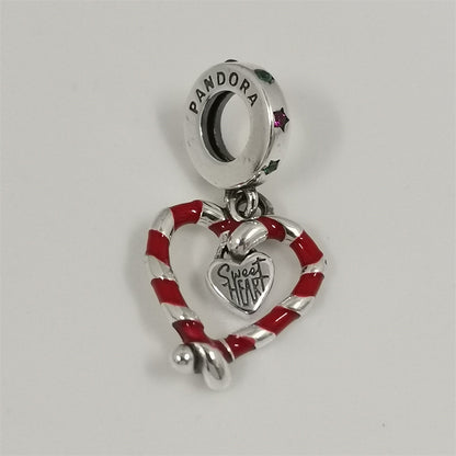 Pandora Double Candy Cane Heart Christmas Dangle Charm