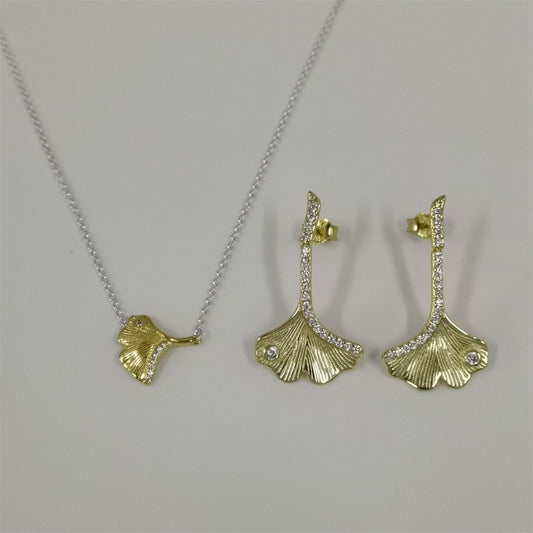 Pandora Gingko Leaf Two-tone Pendant Necklace and Drop Earrings Set – 45cm
