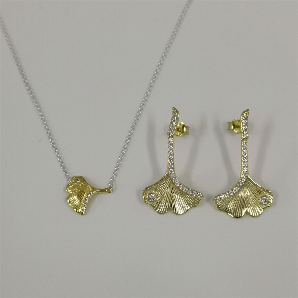 Pandora Gingko Leaf Two-tone Pendant Necklace and Drop Earrings Set – 45cm