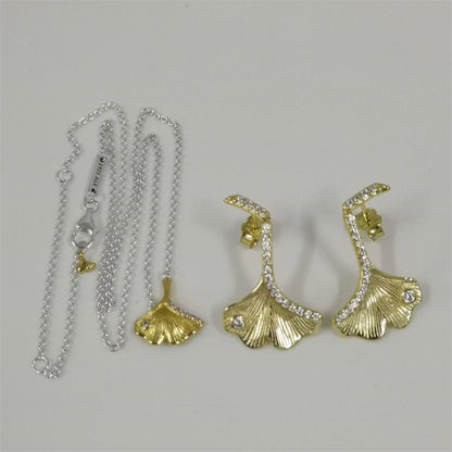 Pandora Gingko Leaf Two-tone Pendant Necklace and Drop Earrings Set – 45cm