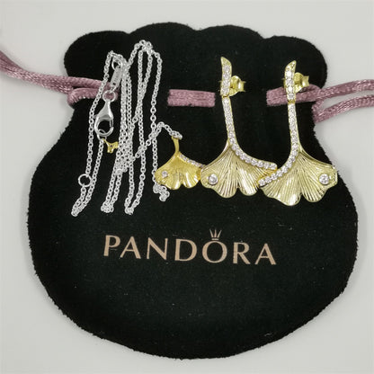Pandora Gingko Leaf Two-tone Pendant Necklace and Drop Earrings Set – 45cm
