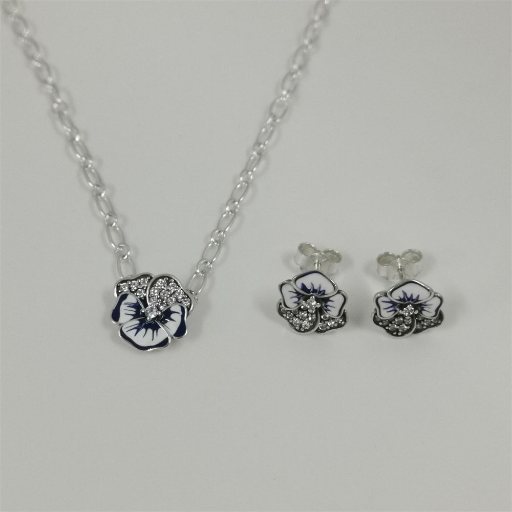 Pandora Blue Pansy Jewelry Set – Necklace & Earrings – 47cm