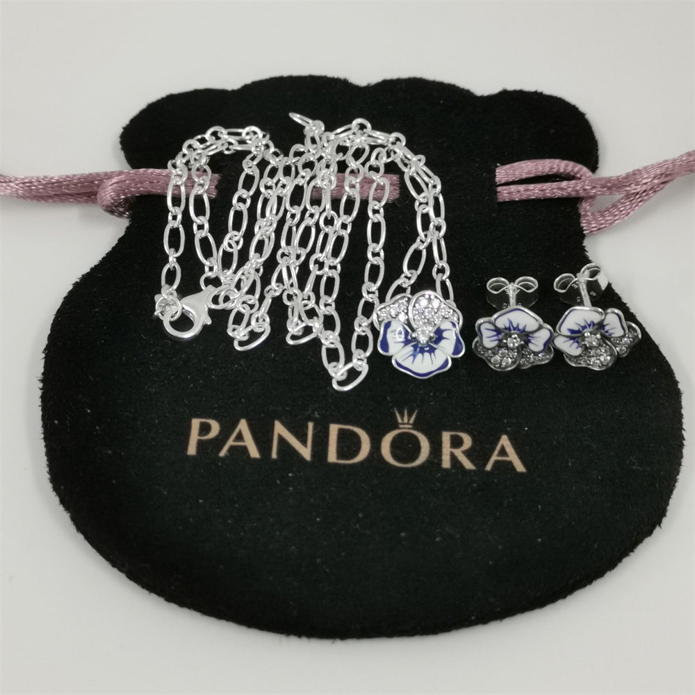 Pandora Blue Pansy Jewelry Set – Necklace & Earrings – 47cm
