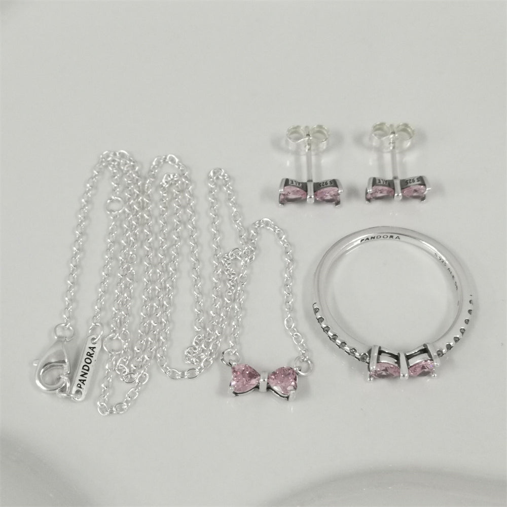 Pandora Sparkling Pink Bow Jewellery Gift Set – Necklace & Earrings in Sterling Silver