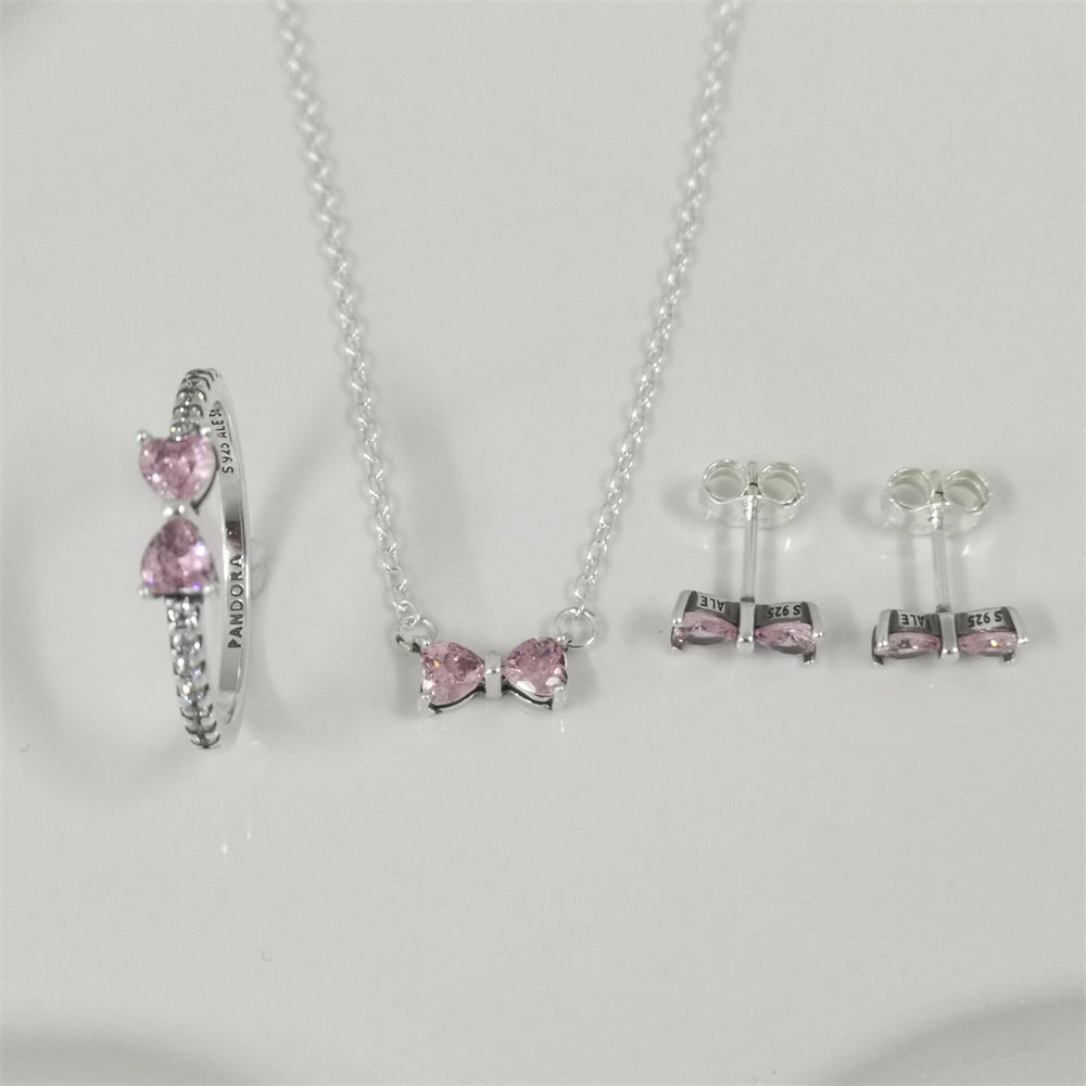 Pandora Sparkling Pink Bow Jewellery Gift Set – Necklace & Earrings in Sterling Silver