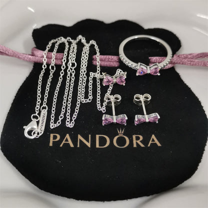 Pandora Sparkling Pink Bow Jewellery Gift Set – Necklace & Earrings in Sterling Silver