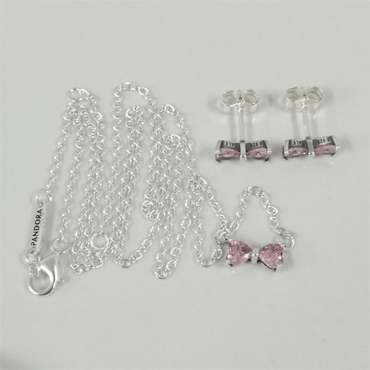 Authentic Pandora Sparkling Pink Bow Stud Earrings & Necklace Set – Sterling Silver Jewelry Gift