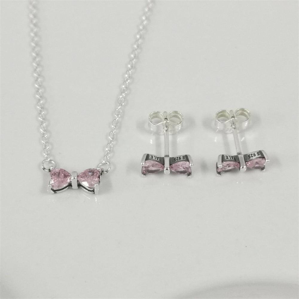 Authentic Pandora Sparkling Pink Bow Stud Earrings & Necklace Set – Sterling Silver Jewelry Gift