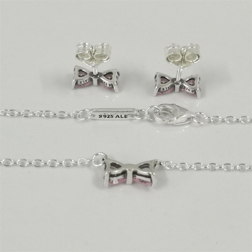 Authentic Pandora Sparkling Pink Bow Stud Earrings & Necklace Set – Sterling Silver Jewelry Gift