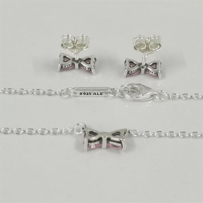 Authentic Pandora Sparkling Pink Bow Stud Earrings & Necklace Set – Sterling Silver Jewelry Gift