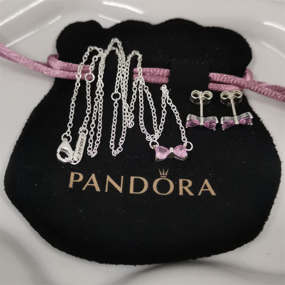 Authentic Pandora Sparkling Pink Bow Stud Earrings & Necklace Set – Sterling Silver Jewelry Gift