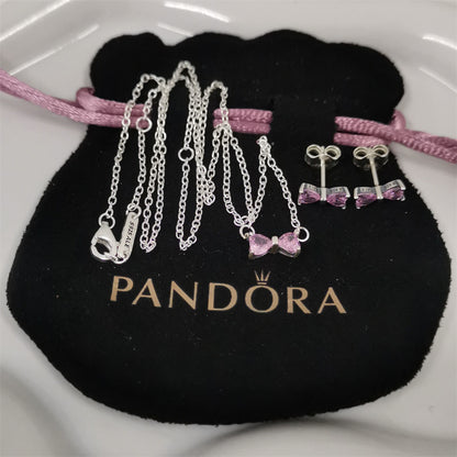 Authentic Pandora Sparkling Pink Bow Stud Earrings & Necklace Set – Sterling Silver Jewelry Gift