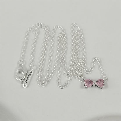 Authentic Pandora Sparkling Pink Bow Necklace – 45cm Sterling Silver Chain