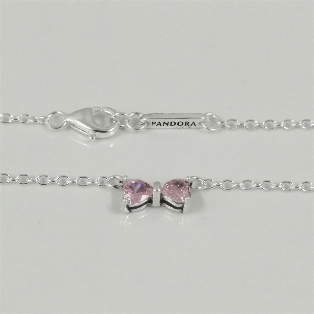 Authentic Pandora Sparkling Pink Bow Necklace – 45cm Sterling Silver Chain