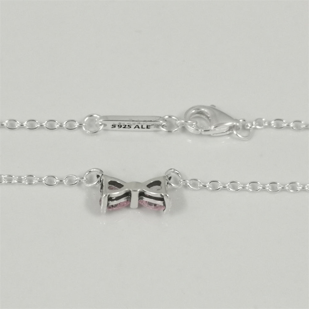 Authentic Pandora Sparkling Pink Bow Necklace – 45cm Sterling Silver Chain
