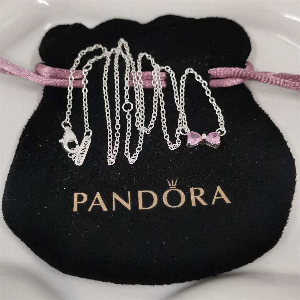 Authentic Pandora Sparkling Pink Bow Necklace – 45cm Sterling Silver Chain