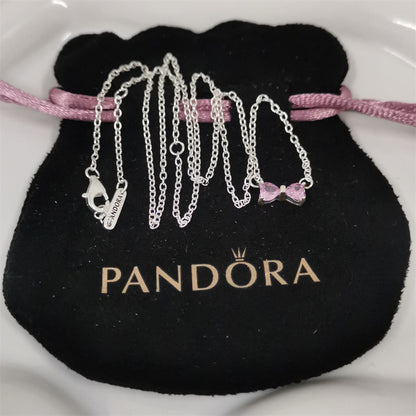 Authentic Pandora Sparkling Pink Bow Necklace – 45cm Sterling Silver Chain