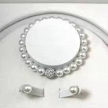 3PCS Imitation Pearl Jewelry Set Silver Crystal Fireball Necklace, Bracelet & Earrings for Brides