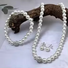 3PCS Imitation Pearl Jewelry Set Silver Crystal Fireball Necklace, Bracelet & Earrings for Brides