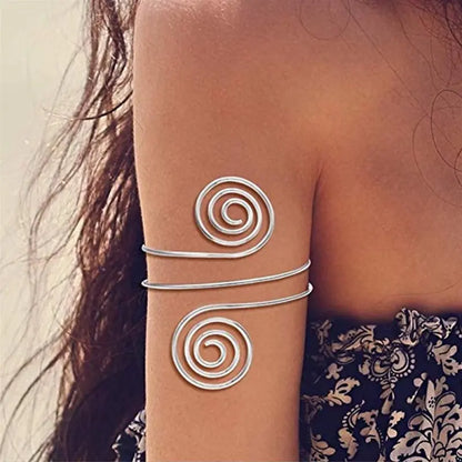 Alloy Spiral Armband Swirl Upper Arm Cuff Armlet Bangle Bracelet Egyptian Costume Accessory for Women Silver Color