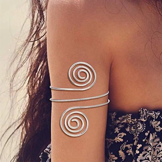 Alloy Spiral Armband Swirl Upper Arm Cuff Armlet Bangle Bracelet Egyptian Costume Accessory for Women Silver Color