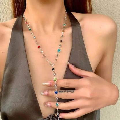 Bohemian Colorful Long Y-Shaped Necklace Metal Collarbone Chain Silver Color Summer Holiday Party Body Jewelry Gifts