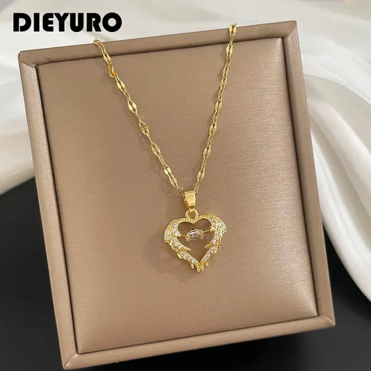 DIEYURO 316L Stainless Steel Heart Wing Zircon Pendant Necklace for Women & Girls