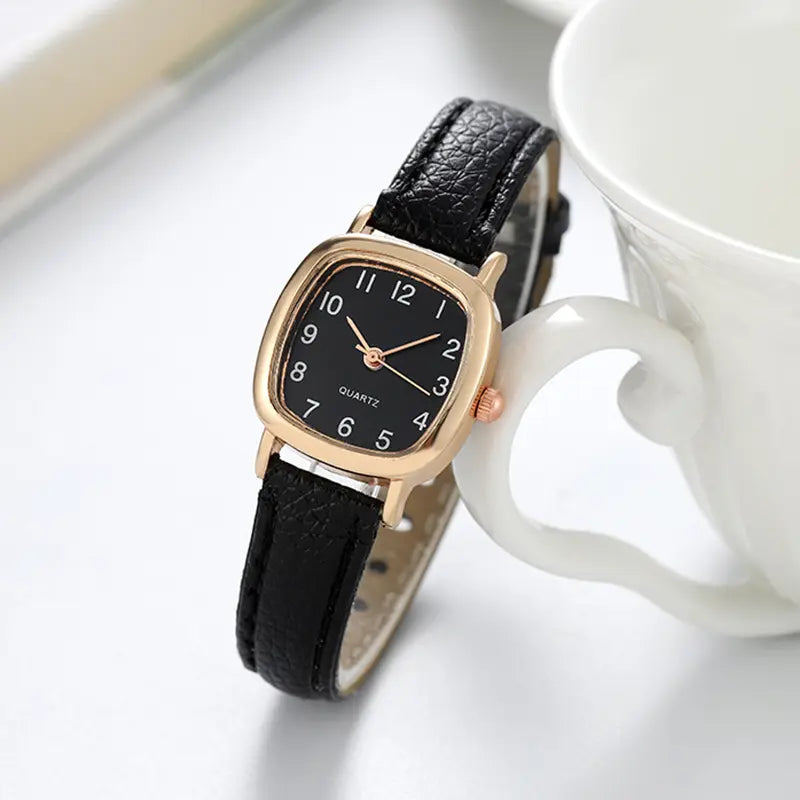 Women's Fashion Square Quartz Watch – Arabic Dial with Leather Band