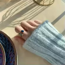 Retro Square Blue Drip Glaze Open Ring Geometric Gold Color Statement Jewelry Gift for Women
