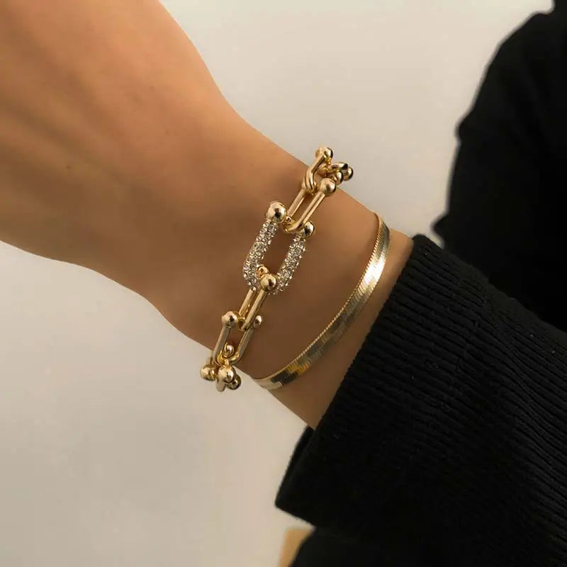 Punk Metal U-Shaped Bangle Bracelet for Women Trendy Crystal Zircon Chain Charm Bracelet Jewelry Party Gift Mujer