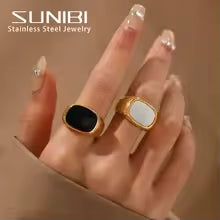 Square Vintage Shell Ring for Women White Gold Color Chunky Stainless Steel Party Jewelry Gift