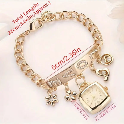 Women Watches with Letters Rhinestone Inlaid Chain Bracelet Flower Pendant Wrist Watch Ladies Dress Watches Gift Zegarek Damski