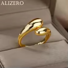 925 Sterling Silver Water Drop Open Ring 18K Gold Plated Elegant Couple Jewelry Gift for Women
