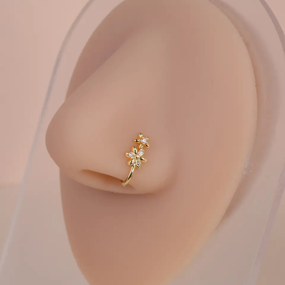 Double Flower Zircon Nose Clip  U-Shaped Fake Nose Ring for Women