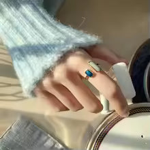 Retro Square Blue Drip Glaze Open Ring Geometric Gold Color Statement Jewelry Gift for Women