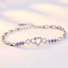 Elegant 925 Sterling Silver Purple Heart Crystal Bracelet for Women Romantic Charm Jewelry Gift
