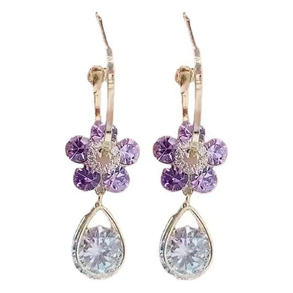S925 Silver Purple Blue Crystal Flower Drop Earrings Women