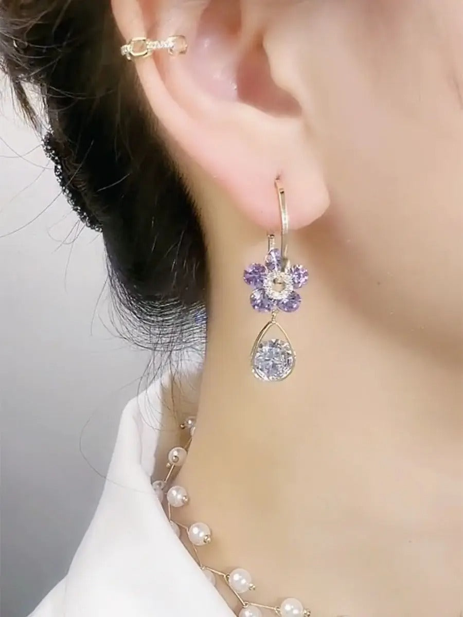 S925 Silver Purple Blue Crystal Flower Drop Earrings Women