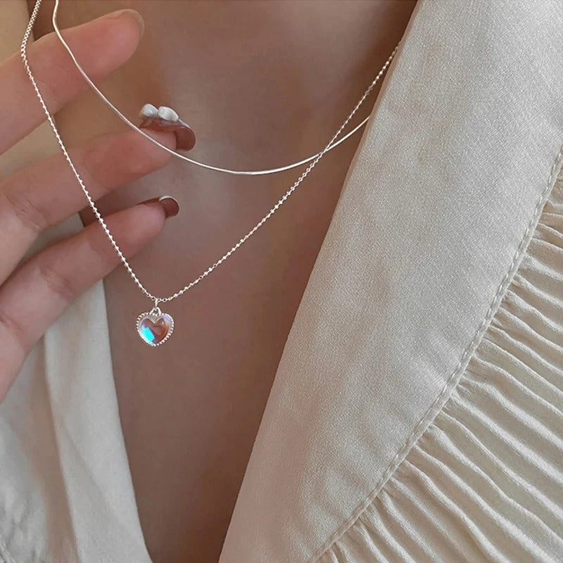 Silver Color Double Love Heart Moonstone Pendant Necklace for Women, Gradient Gemstone Couple Clavicle Chain