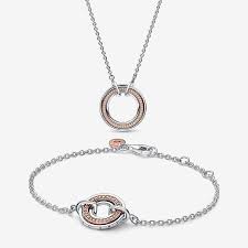 Pandora Logo Sterling Silver & Rose Gold-Plated Necklace and Bracelet Set