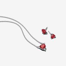 Pandora Sparkling Red Heart Stud Earrings & Heart Halo Pendant Necklace Set - 45cm