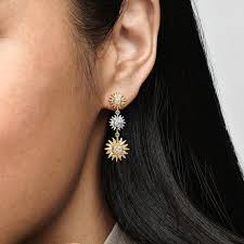 Pandora Two-Tone Sparkling Triple Sun Drop Earrings – Elegant Gold & Silver Dangle Jewelry for Women